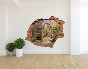 Gasse in der Altstadt in der Toskana Italien 3D Loch in der Wand Wandaufkleber, Aufkleber, 3D Wandkunst, Bubble Free Sticker, Dekoration W#61