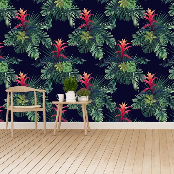 Guzmania flowers self adhesive or paste & glue photo wallpaper | wall mural Hand drawn tropical floral pattern with guzmania flowers,. W#458