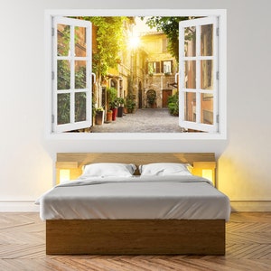 3D Window View of Old street in Trastevere in Rome, Wall Decal Vinyl, 3D Wall Art, Vinyl Peel and Stick removable Home, wall sticker, O#63