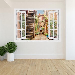 3D Window Alley in old town in Tuscany Italy, Wall Decal Vinyl, 3D Wall Art, Vinyl Peel and Stick removable Home, wall sticker, italian O#60