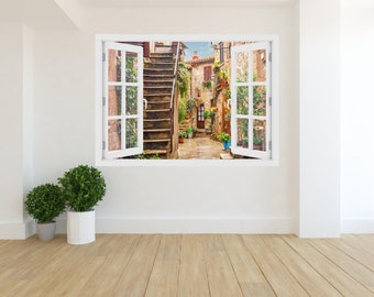 3D Fenster Gasse in der Altstadt in der Toskana Italien, Wandaufkleber Vinyl, 3D Wandkunst, Vinyl Peel and Stick entfernbares Haus, Wandaufkleber, italienisch O#60