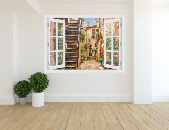 3D Window Alley in old town in Tuscany Italy, Wall Decal Vinyl, 3D Wall Art, Vinyl Peel and Stick removable Home, wall sticker, italian O#60
