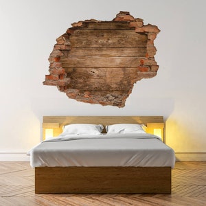 Rustieke houten planken 3D-gat in de muur muursticker, sticker 3D muurkunst bubble gratis sticker, woondecoratie bruine planken W#35