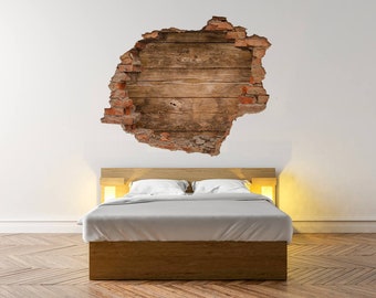 Rustic wood planks 3D hole in the wall Wall Sticker, Decal  3D Wall Art  Bubble Free Sticker, Home Decoration brown boards W#35