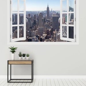 3D Fenster Landschaft von Manhattan, Wandtattoo Vinyl, 3D Wandkunst, Vinyl Peel and Stick entfernbares Zuhause, Wandaufkleber, Amerika, USA, NYC, O#104
