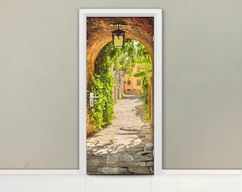 Mural de puerta con diseño de calle italiana antigua en 3D, revestimiento autoadhesivo para puerta, revestimiento de puerta despegable y pegable, calcomanía para puerta, ciudad, pueblo, histórico, D#86