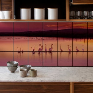 Sunset and flamings, Tile Decals, Tile Stickers, Mural Pattern Tiles, Tiles for Kitchen, Kitchen Backsplash - PACK OF 18 T#62