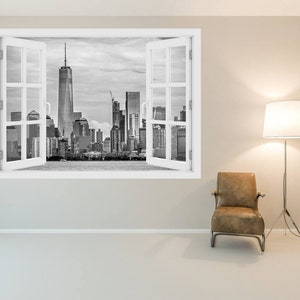 3D Fenster Manhattan Panorama, Wandtattoo Vinyl, 3D Wandkunst, Vinyl Peel and Stick abnehmbares Haus, Wandaufkleber, New York City, Amerika, O # 21