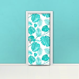 Turquoise tropical leaf Door mural Self adhesive door wrap, removable peel & stick door covering, sticker door, flowers, pattern, D#103