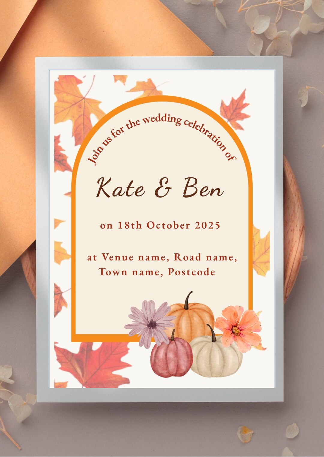 Editable Autumn Wedding Invitation Template - Pumpkin & Fall Leaves ...