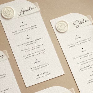 PENNY: Minimal Arch-plaatskaarten voor bruiloftsmenu's met velijn en lakzegel | Bruiloft kalligrafie ontwerp boho | Kersttafelmenu