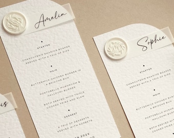 PENNY - Minimal Arch Wedding Menu Place Cards with Vellum & Wax Seal | Wedding Calligraphy Design Boho | Christmas Dinner Table Menu