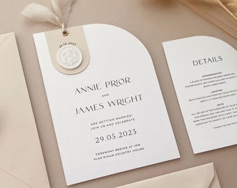 BRONTË - Minimal Half Arch Wedding Invitation Suite Modern Design| 5x7 Size | Luxury Wax Seal & Chiffon Ribbon Tag