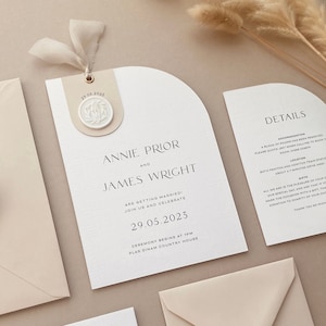 BRONTË - Minimal Half Arch Wedding Invitation Suite Modern Design| 5x7 Size | Luxury Wax Seal & Chiffon Ribbon Tag