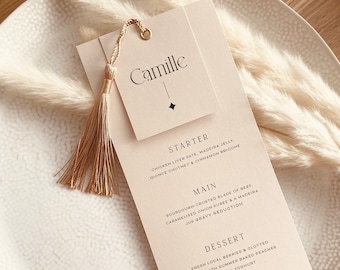 ARIA - Boho Wedding Menu Place Cards with Guest Names | Choose either Tassel, Clip or Eyelet | Gold Design Minimal Modern