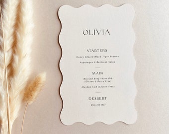 MADI - Minimal Boho Wave Wedding Menu with Place Name | Minimal Modern Wave Design Scalloped Edge