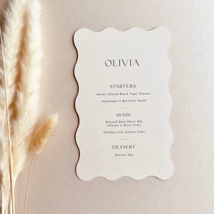 MADI - Minimal Boho Wave Wedding Menu with Place Name | Minimal Modern Wave Design Scalloped Edge