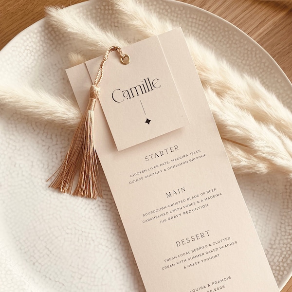 ARIA - Boho Wedding Menu Place Cards with Guest Names | Choose either Tassel, Clip or Eyelet | Gold Design Minimal Modern