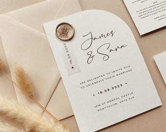 PENNY - Minimal Neutral Wedding Invitation Suite Modern Design with Champagne Wax Seal & Vellum Tag | Luxury | Printed Including Envelopes