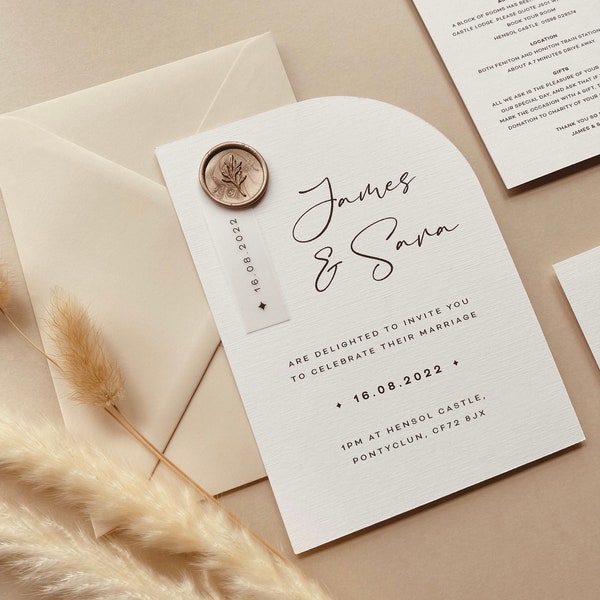 PENNY - Minimal Neutral Wedding Invitation Suite Modern Design with Champagne Wax Seal & Vellum Tag | Luxury | Printed Including Envelopes