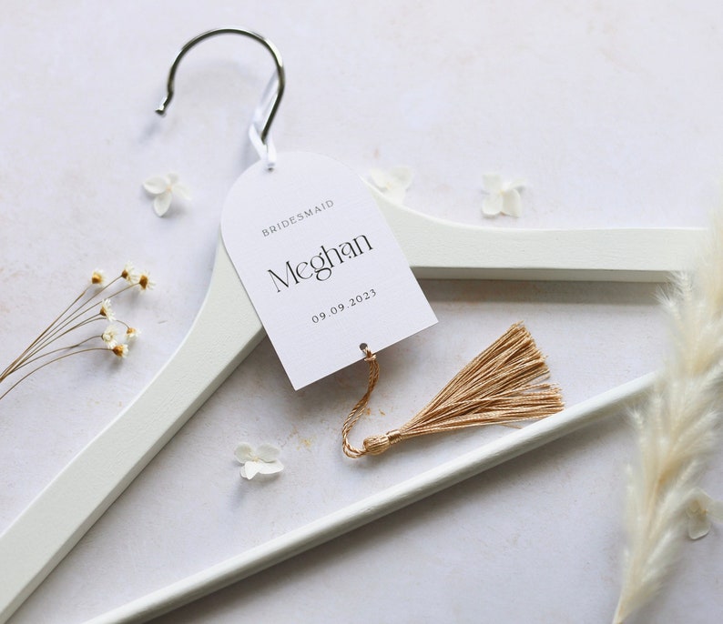 ARIA Personalised Boho Wedding Hanger Tags with Tassel. Boho Arch Tags. Choose your tassel colour image 1