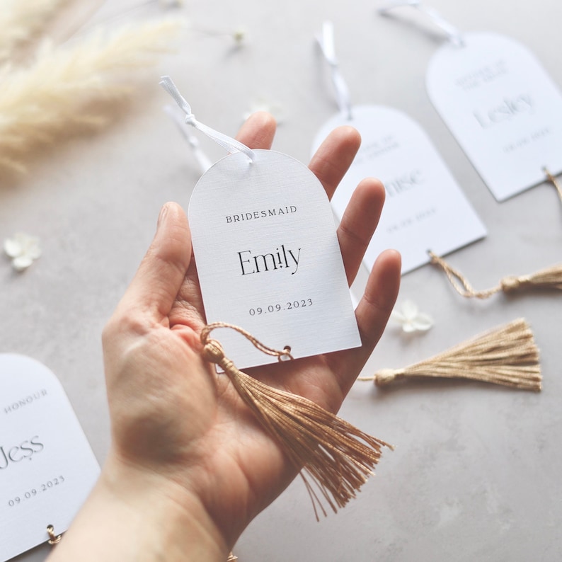 ARIA Personalised Boho Wedding Hanger Tags with Tassel. Boho Arch Tags. Choose your tassel colour image 2