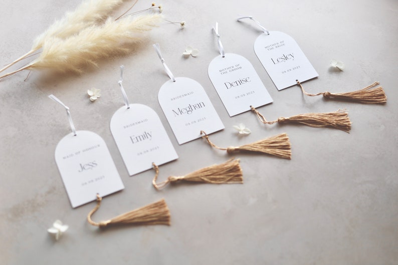 ARIA Personalised Boho Wedding Hanger Tags with Tassel. Boho Arch Tags. Choose your tassel colour image 5