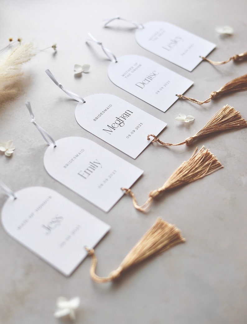 ARIA Personalised Boho Wedding Hanger Tags with Tassel. Boho Arch Tags. Choose your tassel colour image 7