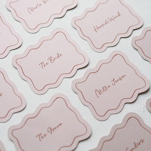 Wavy Wedding Place Cards Minimalist Style Design Pink & Red Guest Names
