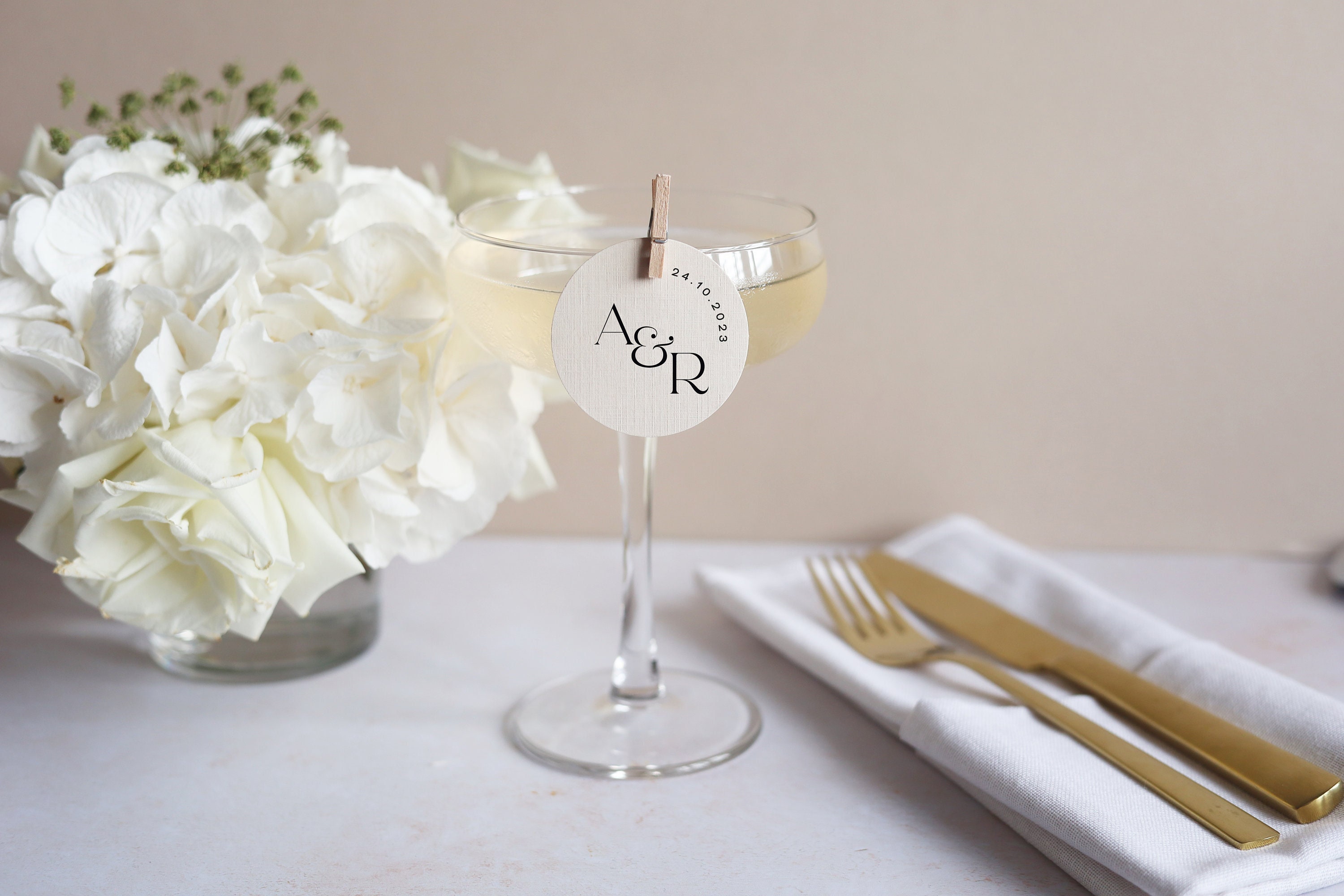 Wedding Drink Topper Tags | Minimalist Beige Modern Cards | Decorative Paper Tags with Clip | Circle Monogram Initials (NOT EDIBLE)