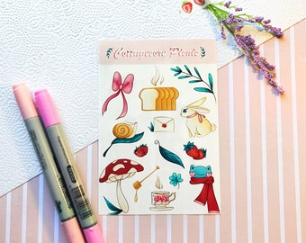 Cottagecore Picnic Glossy Sticker Sheet , Aufkleber, Briefpapier, Bullet Journal, Journaling, Kisscut, Illustration, Cottage Core