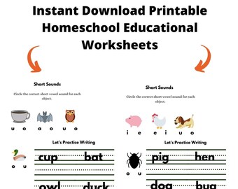 May include: Printable worksheet for homeschooling children to practise short vowel sounds. The worksheet features images of a cup, bat, owl, duck, web, cap, pig, hen, dog, bug, fox, and rat. The worksheet also includes lines for children to practise writing the words.