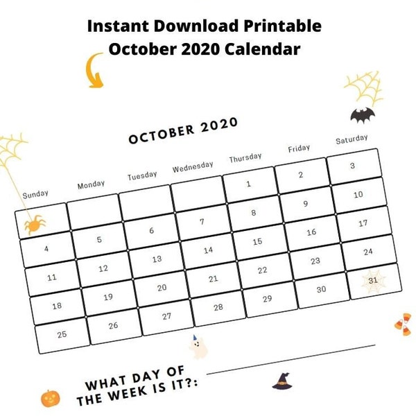 2020 October Month Halloween Calendar Printable Instant Download Busy Binder Notebook Kindergarten Educational Worksheet Learning Homeschool