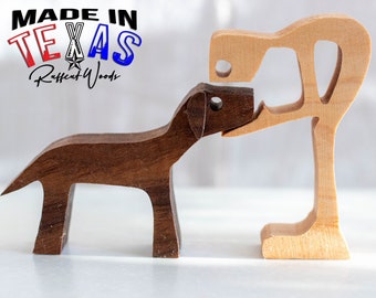 Human and 3D Floppy Ear Dog Wooden Statue