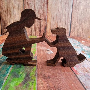 Girl with Dog Wooden Statue - Maple/Walnut