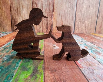 Girl with Dog Wooden Statue - Maple/Walnut