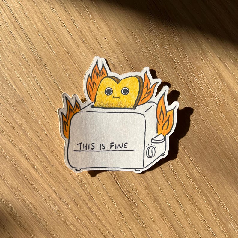 May include: A white toaster with a slice of bread inside. The bread is on fire and has a face with two eyes. The toaster has the text "This is fine" written on it.