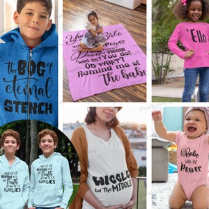 K&ouml;nnte beinhalten: Eine Sammlung von Kleidungsst&uuml;cken mit verschiedenen Designs und Slogans. Die Designs beinhalten "The Bog of Eternal Stench", "One of Us Always Tells the Truth, One of Us Always Lies", "Babe with the Power", "Wiggle in the Middle" und "'Ello".