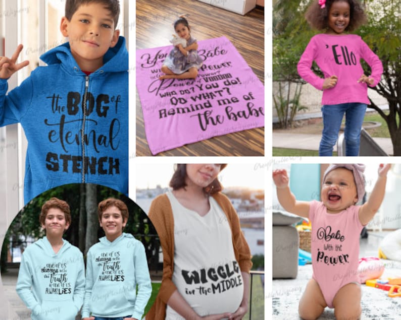 K&ouml;nnte beinhalten: Eine Sammlung von Kleidungsst&uuml;cken mit verschiedenen Designs und Slogans. Die Designs beinhalten "The Bog of Eternal Stench", "One of Us Always Tells the Truth, One of Us Always Lies", "Babe with the Power", "Wiggle in the Middle" und "'Ello".