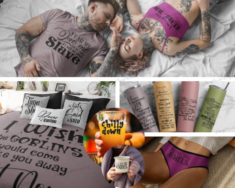 K&ouml;nnte beinhalten: Ein Set aus vier Bechern mit verschiedenen Designs und Texten. Die Becher sind in Pink, Gr&uuml;n und Silber. Der Text auf den Bechern lautet "I have survived", "You Bitch", "Time She Said" und "Castle Goblin".