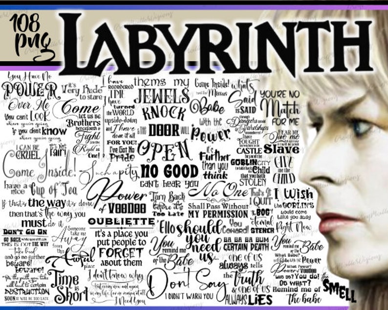 K&ouml;nnte beinhalten: Schwarz-wei&szlig;es Textkunst-Druckbild mit einem Zitat aus dem Film Labyrinth. Das Zitat lautet "You Have No Power Over Me. Come Inside!" Der Druck zeigt ein Portr&auml;t einer Frau vor wei&szlig;em Hintergrund.