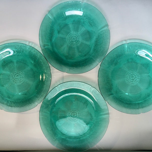 4 Vintage Clear Green Floral Forte Crisa Glass Plates