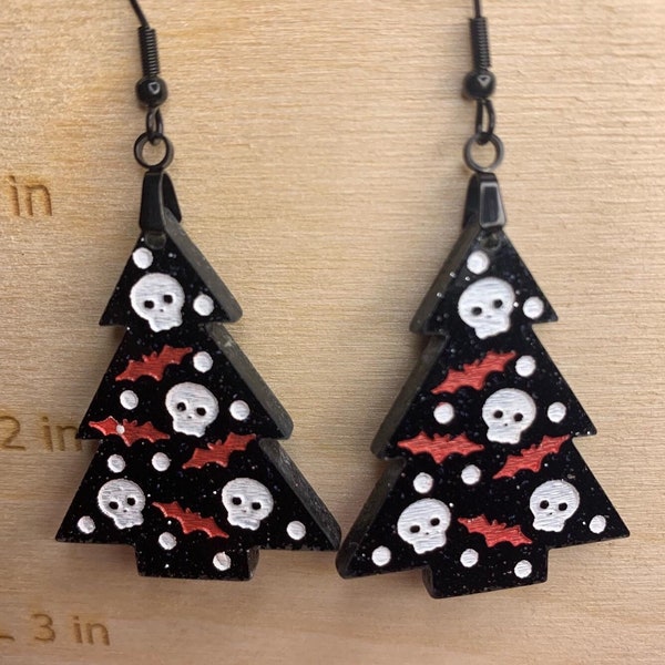 Black glitter gothic skull tree earrings, goth Christmas tree earrings