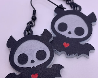 Skeleton animals earrings, gothic skull skeleton bat earrings, emo goth alt dark horror spooky bat diego earrings