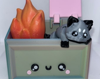 3d printed dumpster fire, articulated racoon flexi fidget