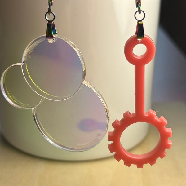 Bubble wand earrings, Iridescent soap bubble earrings