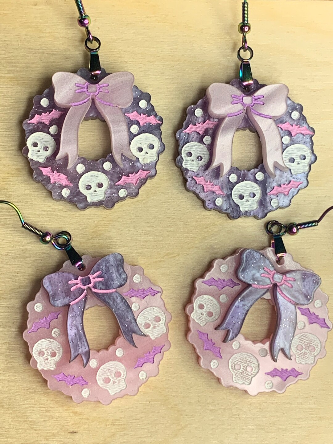 Pastel Goth Earrings Pink Christmas Skull Wreath Earrings Etsy