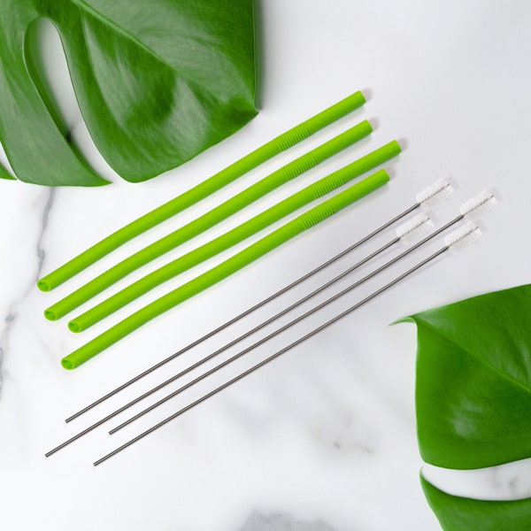 8 Modern Reusable Straws, Green BPA Free and Food Grade Silicone, Ideal For Family and Friends