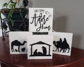 4 decorative nativity scene christmas blocks/tiered tray/coffee bar
