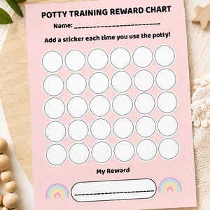 Könnte beinhalten: Ein hellrosa Belohnungsplan für das Töpfchentraining mit dem Text POTTY TRAINING REWARD CHART, einer Zeile für einen Namen, der Anweisung Add a sticker each time you use the potty!, einem Raster aus dreißig leeren Kreisen und Regenbogenmotiven.